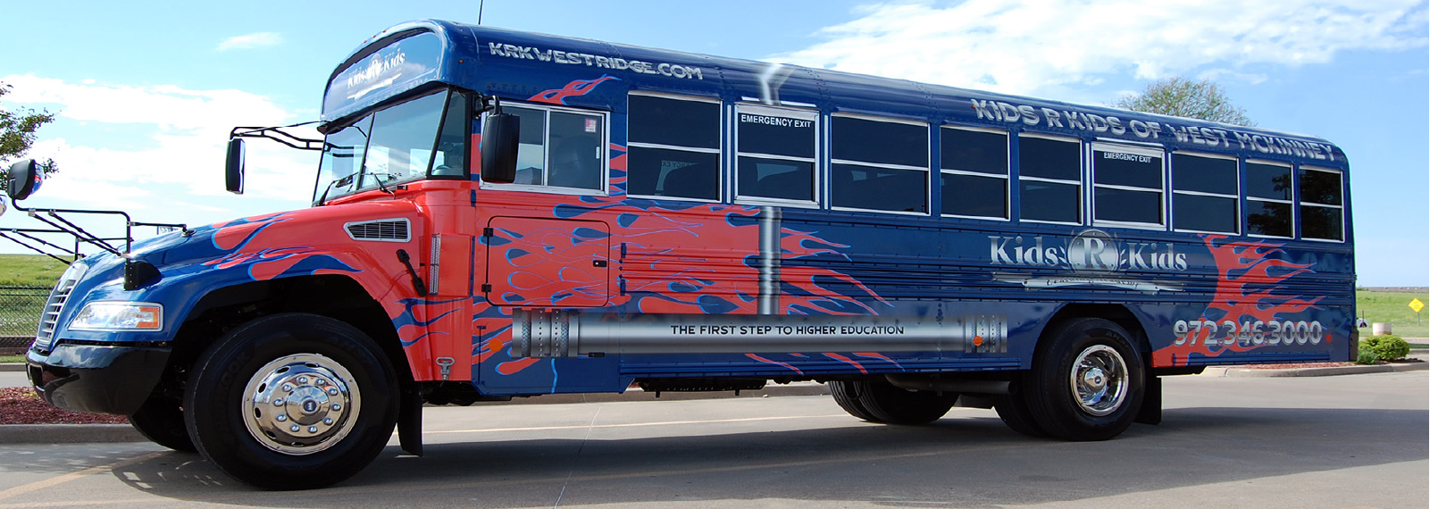 KidsRKids full sized school bus painted with custom graphics to look like Optimus Prime from The Transformers movie.  