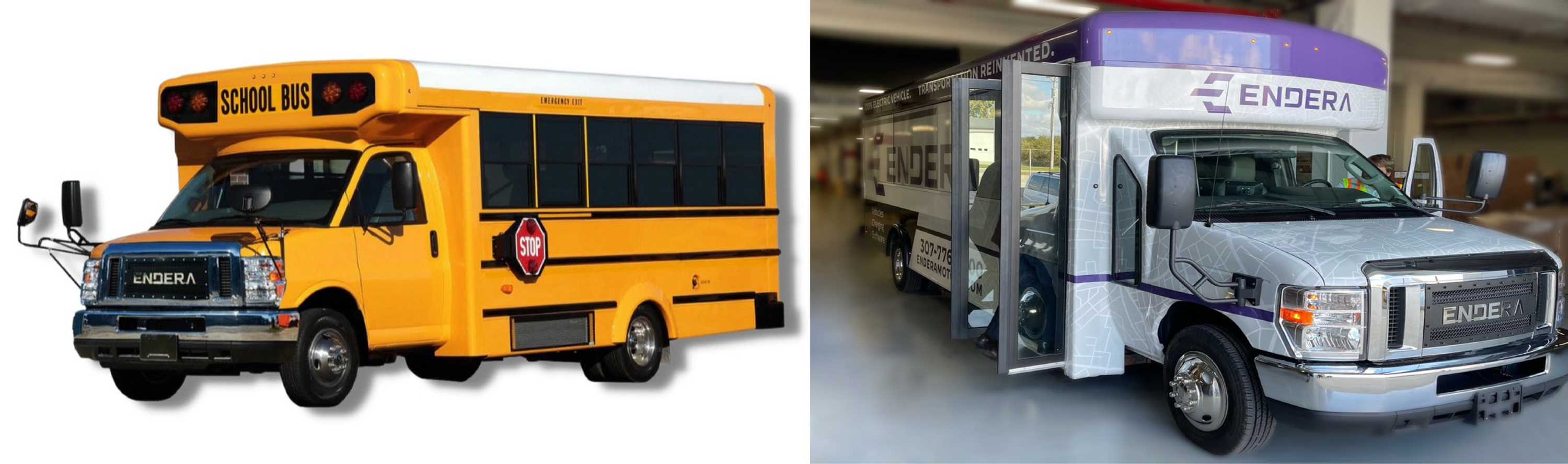 Endera electric school bus and Endera electric shuttle bus